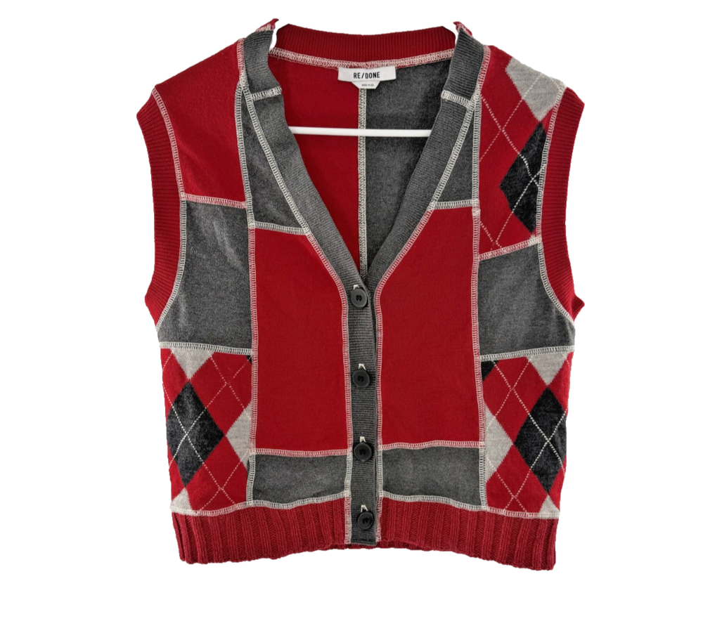 RE/DONE Sweater Vest Womens Medium Red Gray Argyle Patchwork Button Up Made USA